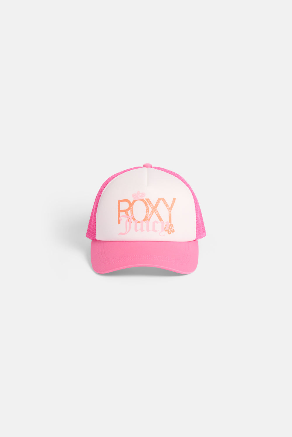 Displays the azalea pink Roxy and juicy Couture trucker cap 
