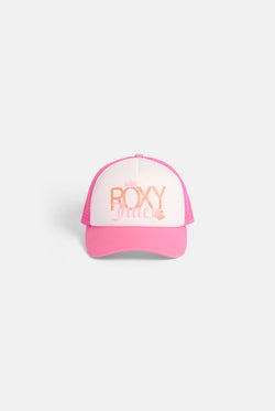 Displays the azalea pink Roxy and juicy Couture trucker cap 