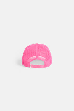 Displays the azalea pink Roxy and juicy Couture trucker cap 