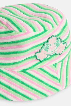 Displays the Azalea pink Roxy & Juicy couture reversible bucket hat  