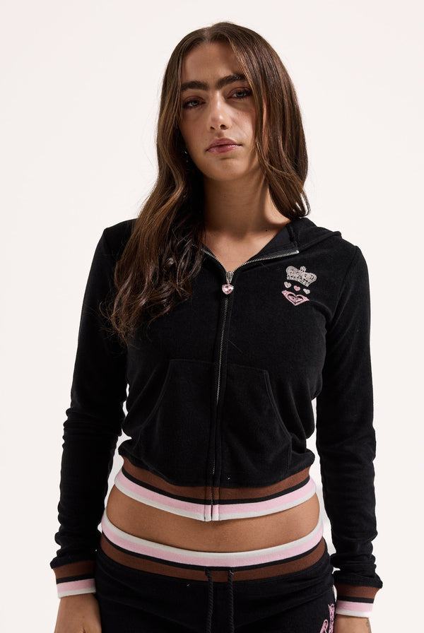 Displays a model wearing the Black Roxy & Juicy Couture Terry towelling hoodie 