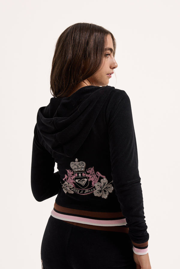 Displays a model wearing the Black Roxy & Juicy Couture Terry towelling hoodie 