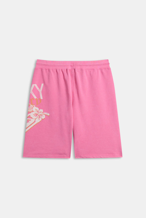 Displays the Pink Azalea Roxy & Juicy Couture relaxed jorts 
