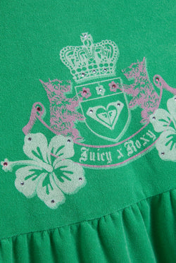 Displays the Island Green Juicy Couture & Roxy Terry towelling peplum dress featuring juicy x Roxy logo