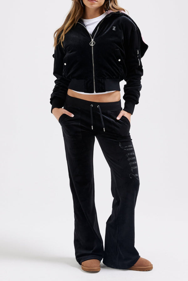 BLACK VELOUR DIAMANTÉ BOMBER JACKET WITH FUR LINED HOOD