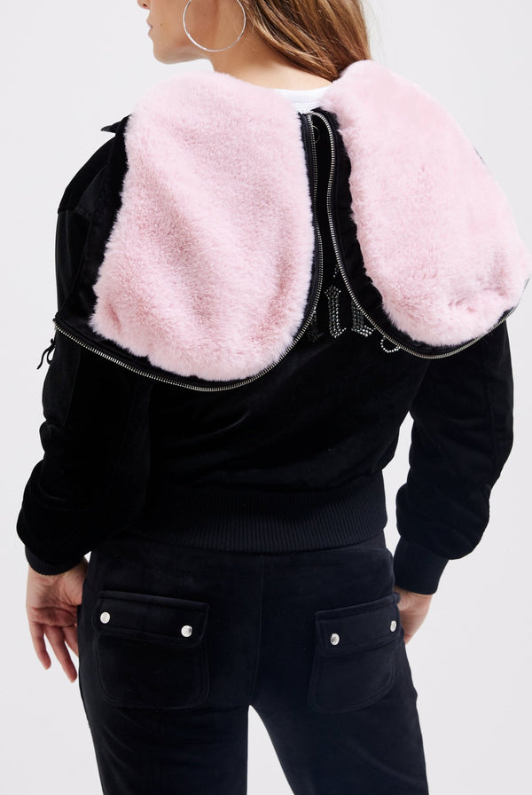 BLACK VELOUR DIAMANTÉ BOMBER JACKET WITH FUR LINED HOOD