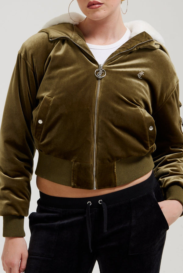 DARK OLIVE VELOUR DIAMANTÉ BOMBER JACKET