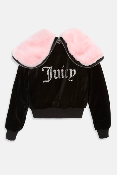 BLACK VELOUR DIAMANTÉ BOMBER JACKET WITH FUR LINED HOOD