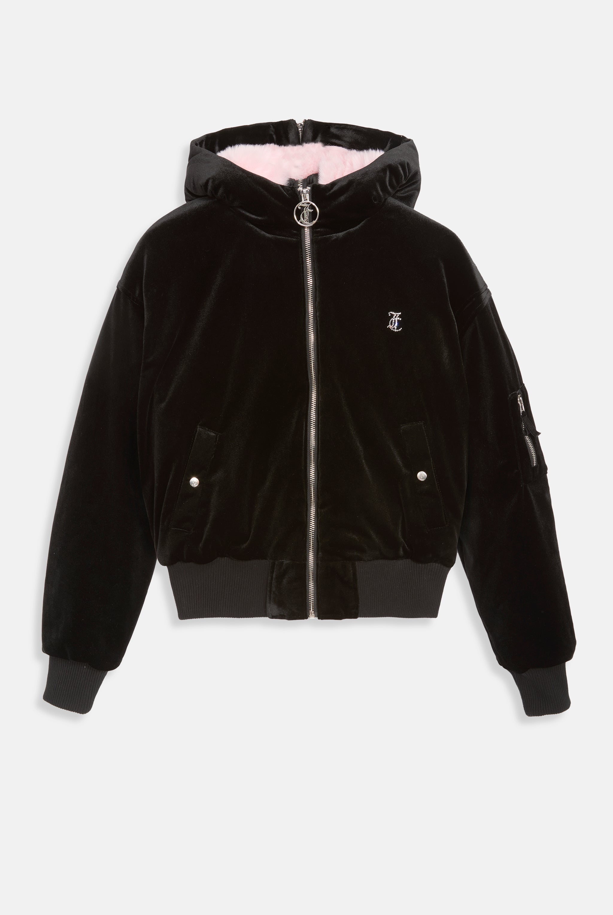 BLACK VELOUR DIAMANTE BOMBER JACKET WITH FUR LINED HOOD Juicy Couture UK