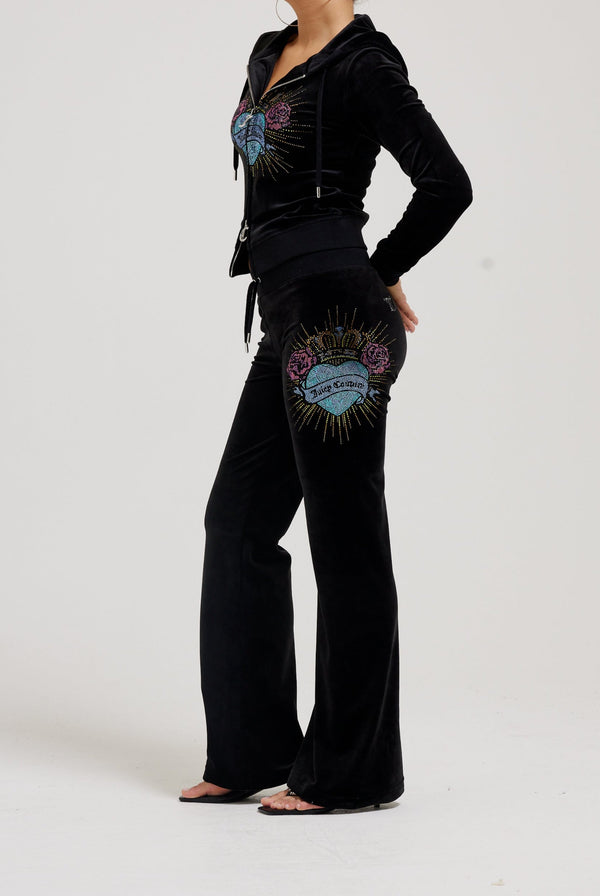 BLACK SACRED HEART DIAMANTÉ CLASSIC VELOUR LOW RISE TRACK PANTS