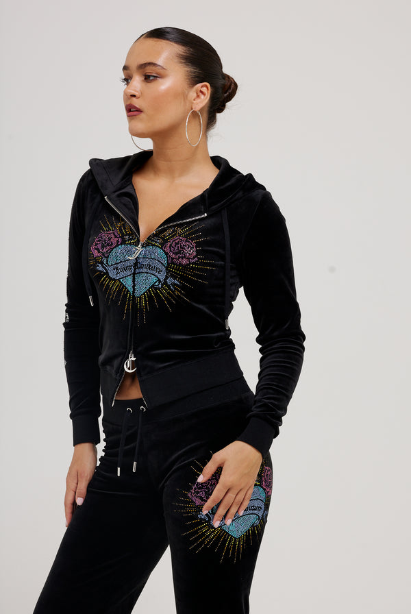 BLACK SACRED HEART DIAMANTÉ CLASSIC VELOUR HOODIE