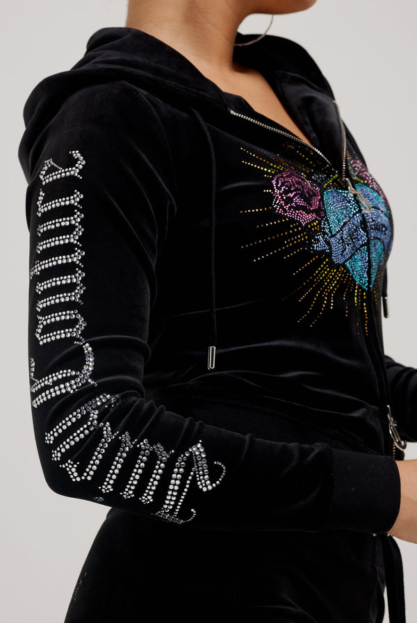 BLACK SACRED HEART DIAMANTÉ CLASSIC VELOUR HOODIE