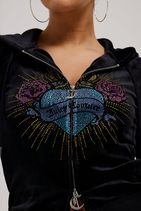 BLACK SACRED HEART DIAMANTÉ CLASSIC VELOUR HOODIE