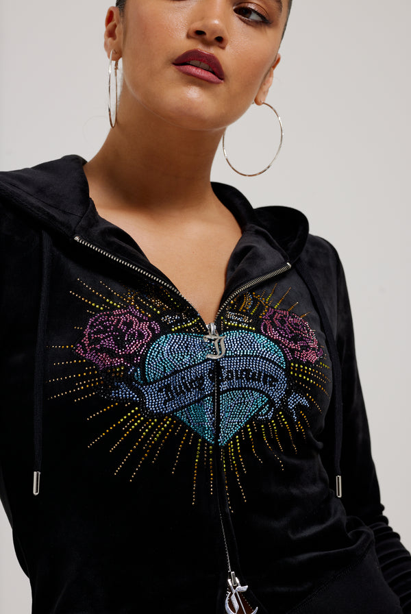 BLACK SACRED HEART DIAMANTÉ CLASSIC VELOUR HOODIE