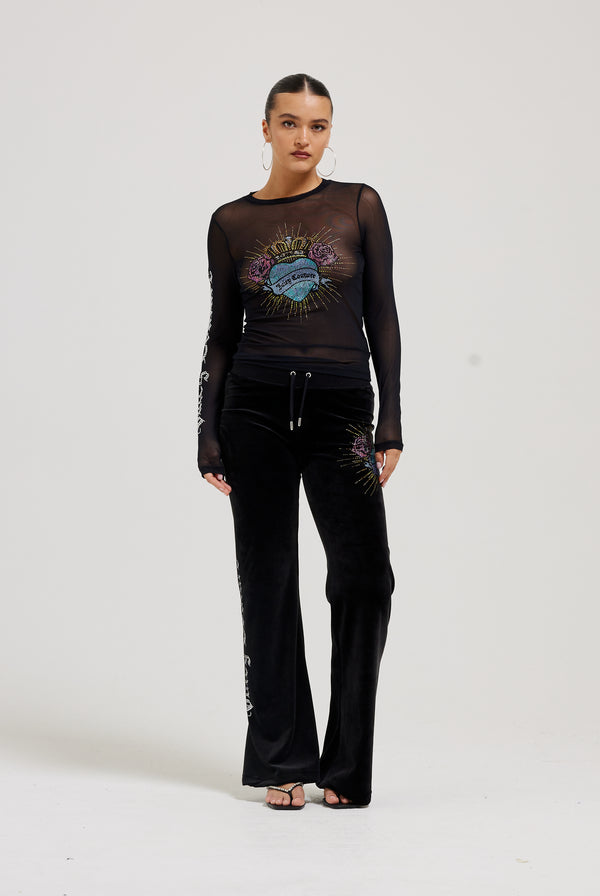 BLACK SACRED HEART MESH DIAMANTÉ LONG SLEEVE TOP