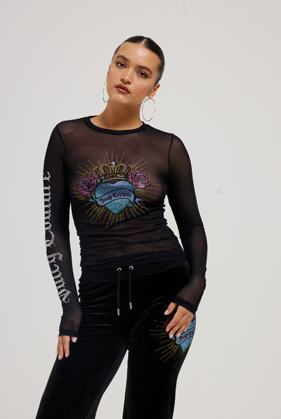 BLACK SACRED HEART MESH DIAMANTÉ LONG SLEEVE TOP