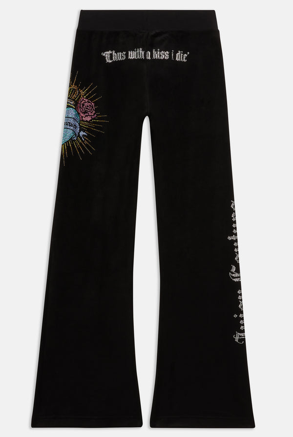 BLACK SACRED HEART DIAMANTÉ CLASSIC VELOUR LOW RISE TRACK PANTS