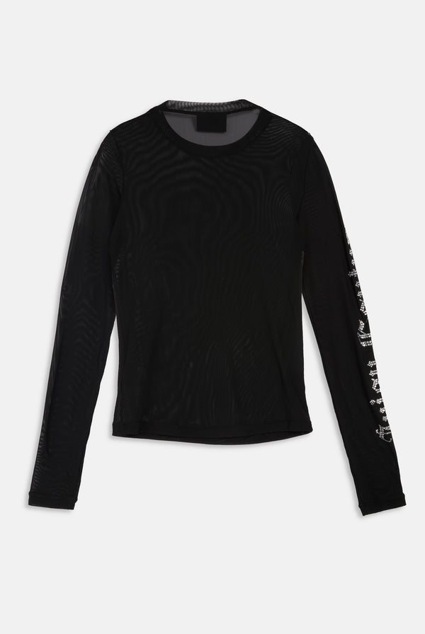 BLACK SACRED HEART MESH DIAMANTÉ LONG SLEEVE TOP