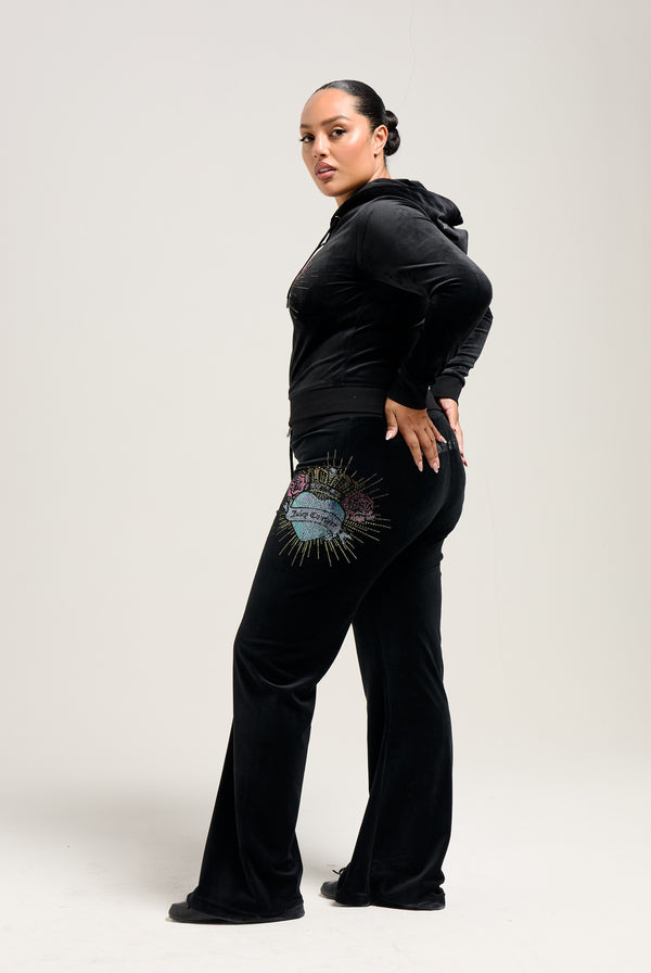 BLACK SACRED HEART DIAMANTÉ CLASSIC VELOUR LOW RISE TRACK PANTS