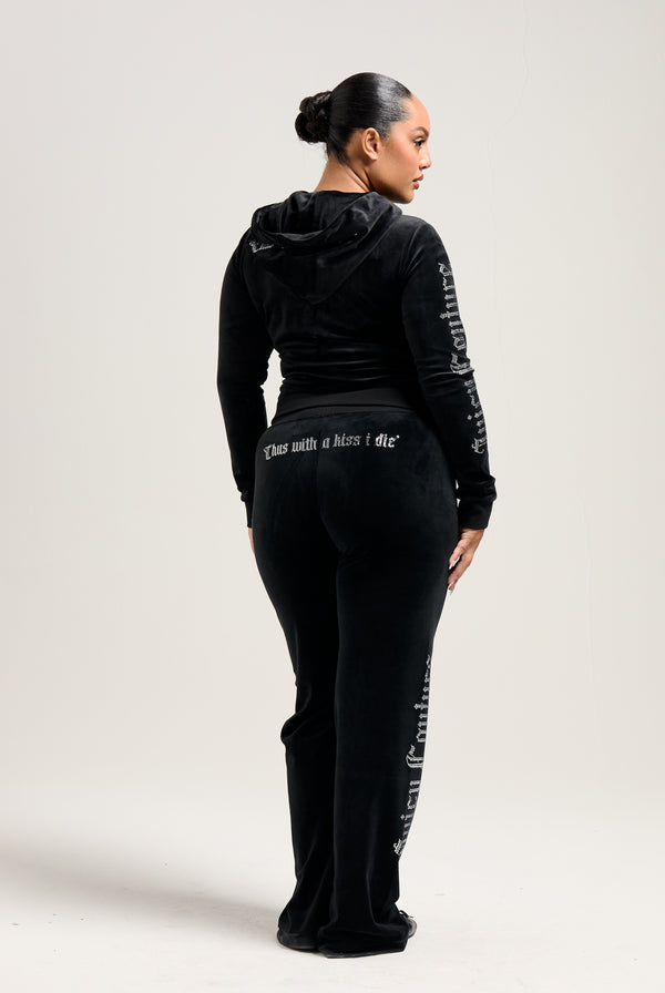 BLACK SACRED HEART DIAMANTÉ CLASSIC VELOUR LOW RISE TRACK PANTS