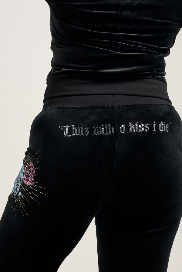 BLACK SACRED HEART DIAMANTÉ CLASSIC VELOUR LOW RISE TRACK PANTS