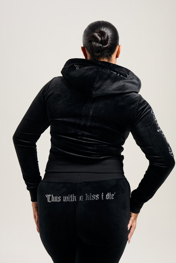 BLACK SACRED HEART DIAMANTÉ CLASSIC VELOUR LOW RISE TRACK PANTS