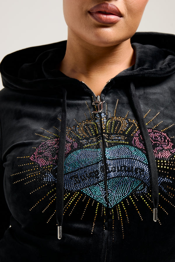 BLACK SACRED HEART DIAMANTÉ CLASSIC VELOUR HOODIE