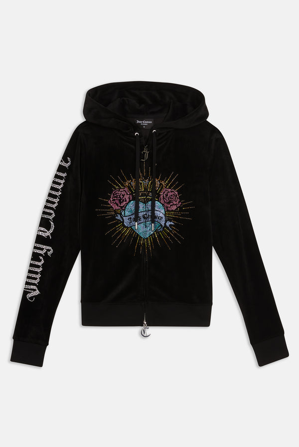 BLACK SACRED HEART DIAMANTÉ CLASSIC VELOUR HOODIE