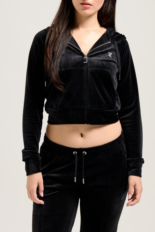 'SAGITTARIUS' BLACK DIAMANTÉ VELOUR ZIP-THROUGH HOODIE