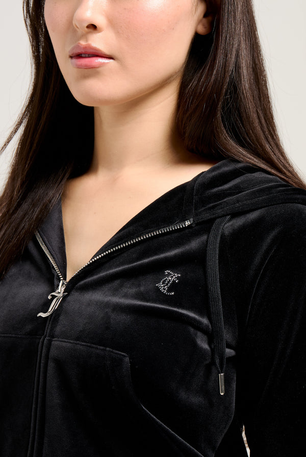 'SAGITTARIUS' BLACK DIAMANTÉ VELOUR ZIP-THROUGH HOODIE