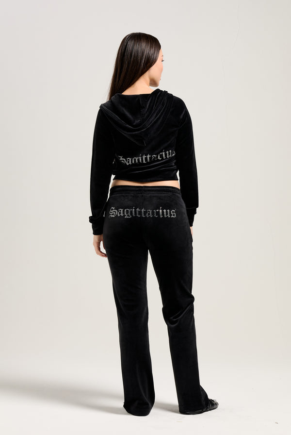 'SAGITTARIUS' BLACK DIAMANTÉ VELOUR ZIP-THROUGH HOODIE