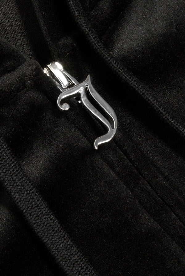 'SAGITTARIUS' BLACK DIAMANTÉ VELOUR ZIP-THROUGH HOODIE