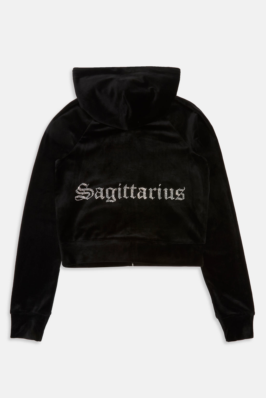 'SAGITTARIUS' BLACK DIAMANTÉ VELOUR ZIP-THROUGH HOODIE