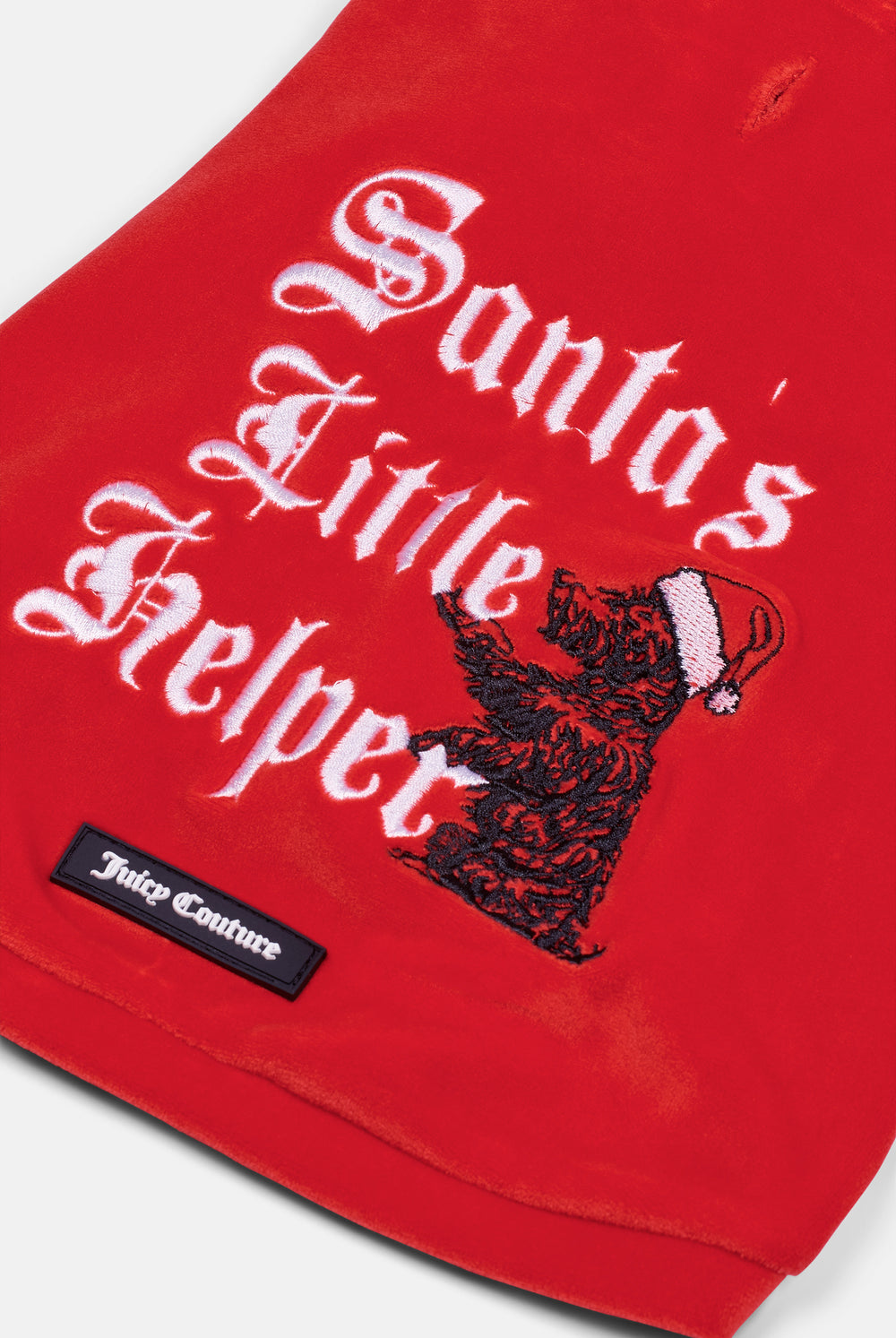 Displays the Toreador 'Juicy' branded Santa's Little Helper Pet Hoodie featuring the juicy branding details