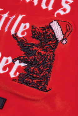 Displays the Toreador 'Juicy' branded Santa's Little Helper Pet Hoodie featuring the details on the branding 