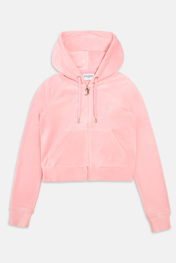'SCORPIO' JUICY PINK DIAMANTÉ VELOUR ZIP-THROUGH HOODIE