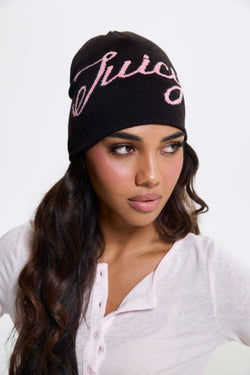 Displays a model wearing the Java 'Juicy' branded Script Beanie