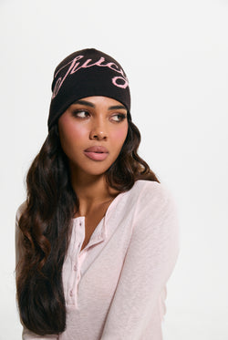 Displays a model wearing the Java 'Juicy' branded Script Beanie
