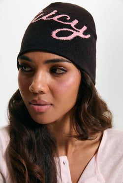Displays a model wearing the Java 'Juicy' branded Script Beanie