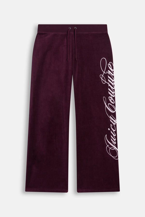 Displays the Winetasting 'Juicy' branded Cotton Velour Ultra Lowrise Straight Leg Trackpant