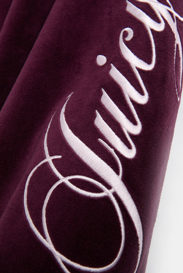 Displays the Winetasting 'Juicy' branded Cotton Velour Ultra Lowrise Straight Leg Trackpant