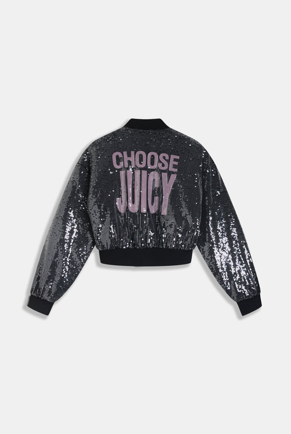 CHOOSE JUICY SEQUIN CROPPED BOMBER