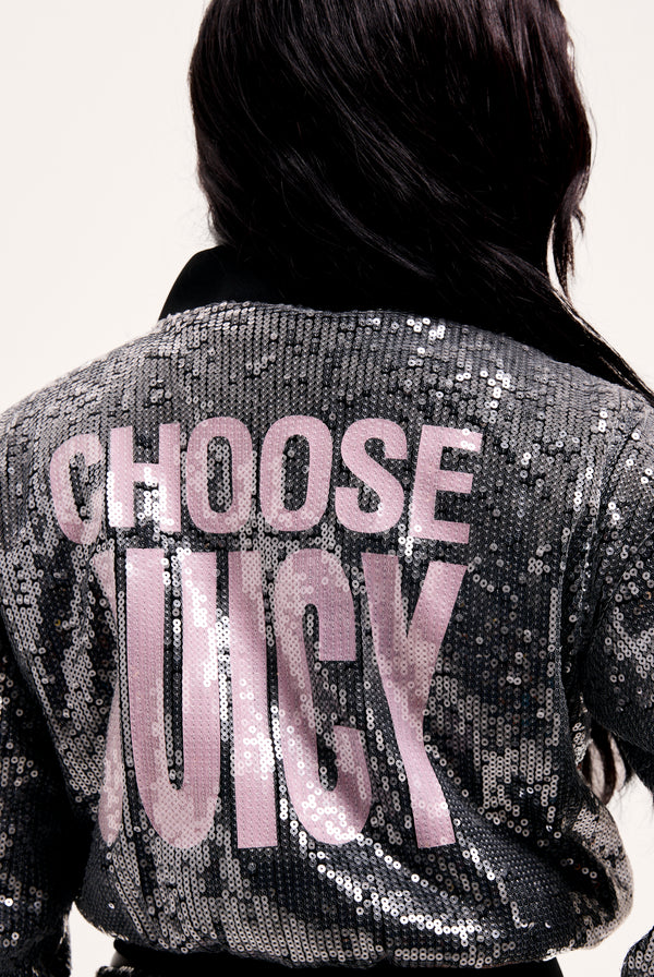 CHOOSE JUICY SEQUIN CROPPED BOMBER