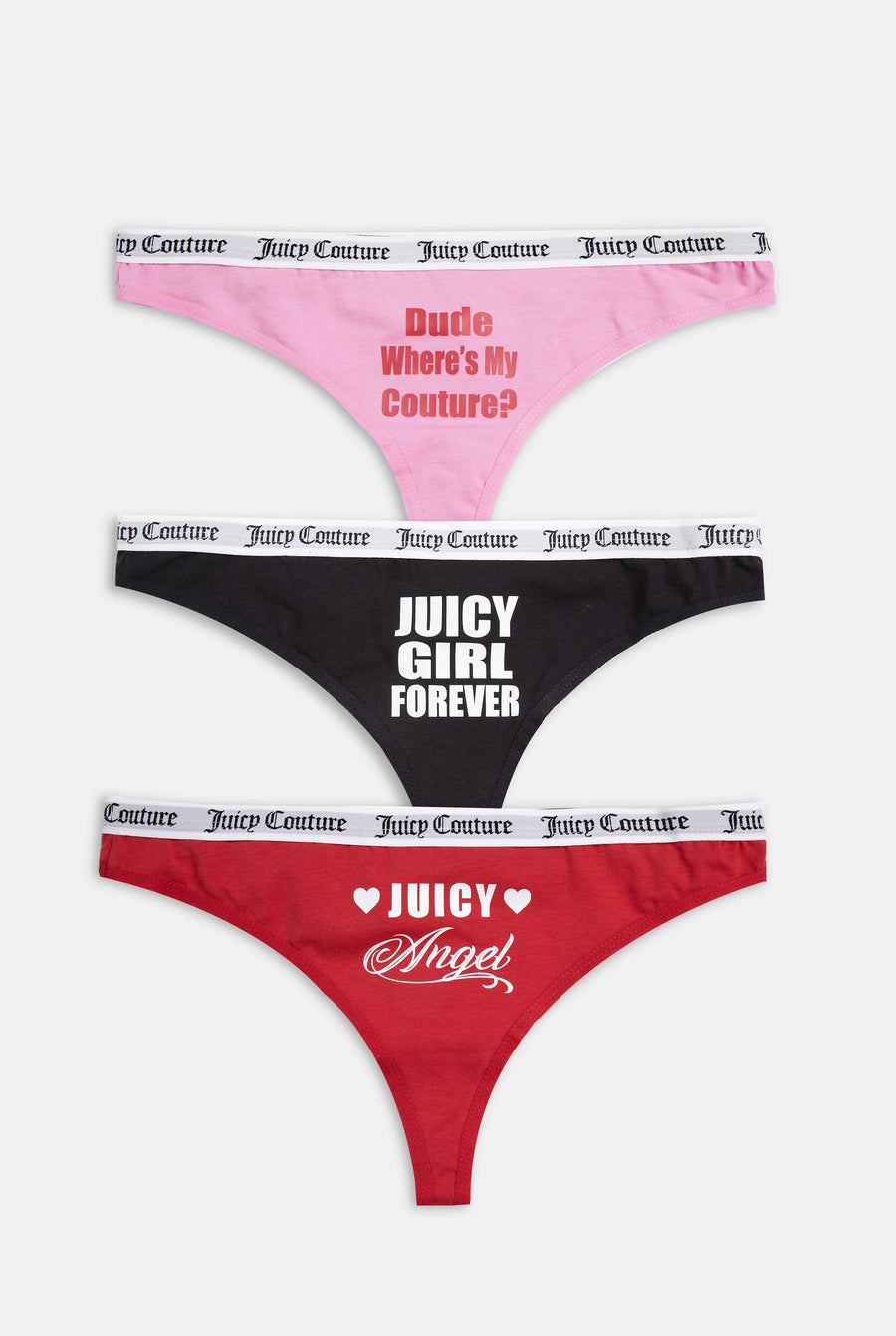 Displays all pink, black, red 'Juicy' branded Slogan Novelty Thongs included in the Pack Of 3 