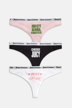 Displays all 3 of the white black & pink 'Juicy' branded Slogan Novelty Thongs included in the Pack Of 3