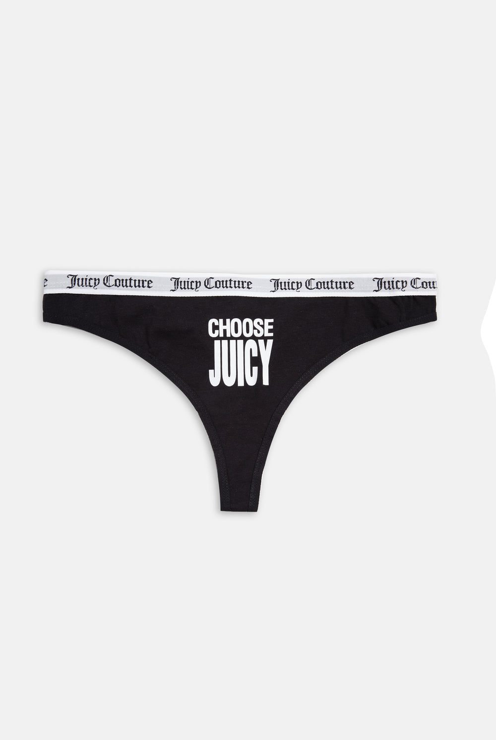 Displays the black 'Juicy' branded Slogan Novelty Thongs included in the Pack Of 3