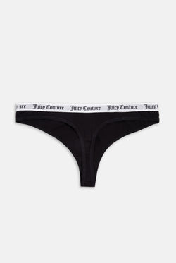 Displays the black 'Juicy' branded Slogan Novelty Thongs included in the Pack Of 3