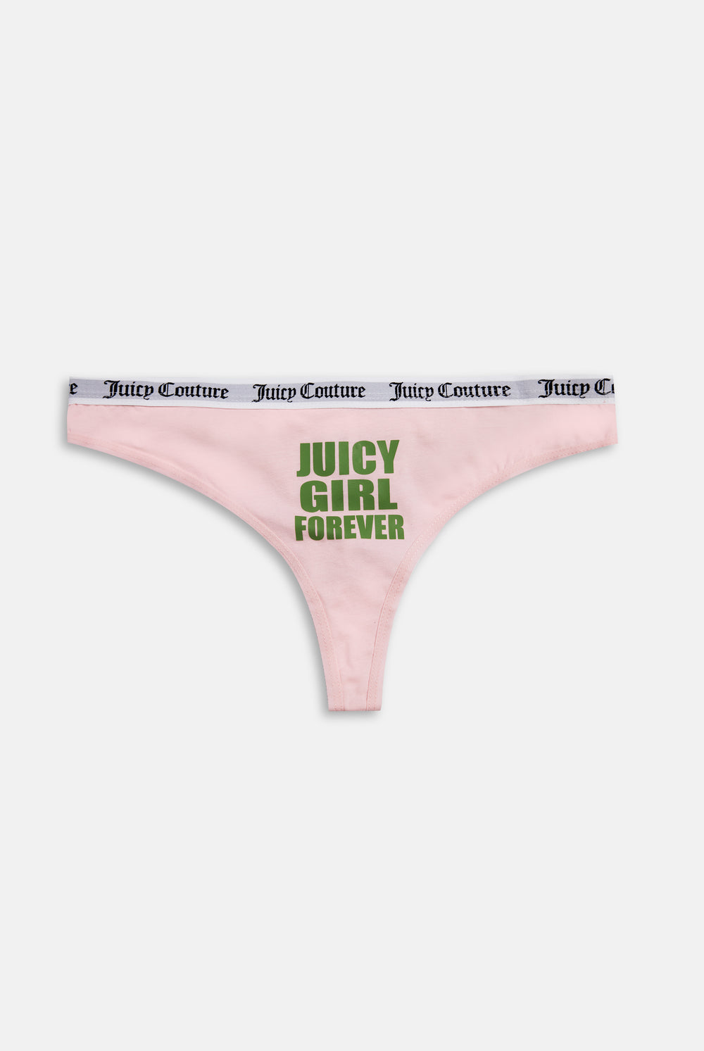 Displays the pink 'Juicy' branded Slogan Novelty Thongs included in the Pack Of 3