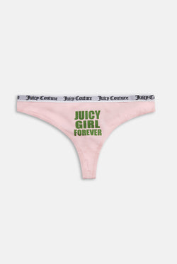Displays the pink 'Juicy' branded Slogan Novelty Thongs included in the Pack Of 3