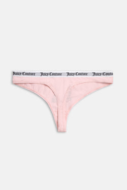 Displays the pink 'Juicy' branded Slogan Novelty Thongs included in the Pack Of 3